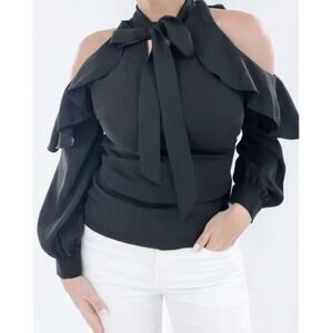 Gracia Black Cold Shoulder Ruffle Blouse Size S | Bow Tie Neck | Chic Dressy Top